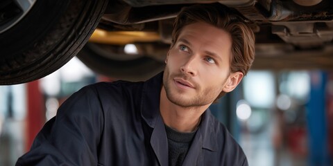 Automotive technician working under vehicle in garage professional environment focused view