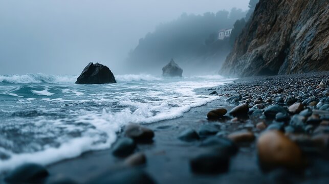 A serene coastal landscape featuring misty waters lapping against rocky shores, conveying a sense of tranquility and the unyielding beauty of nature's power and stillness.