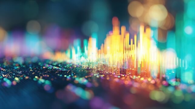 Colorful sound waves create visual rhythm in a digital landscape