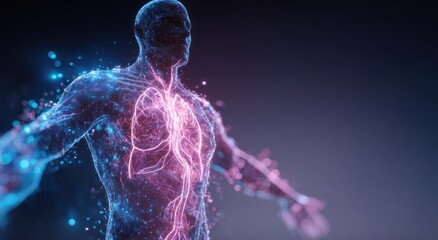 Digital human form with glowing internal organs and particle effects.