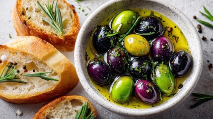 Bowl of assorted olives with herbs, rosemary and bread slices on background. Depicts mediterranean appetizers or ingredients, suitable for healthy eating posts.