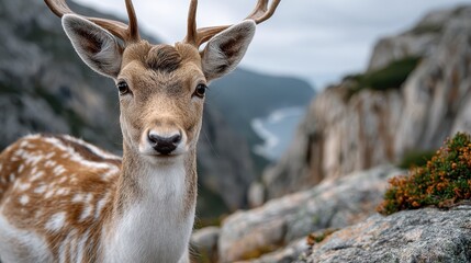 A striking close-up of a young deer in a breathtaking mountainous landscape captures the majesty of wildlife, emphasizing the beauty and serenity of nature.