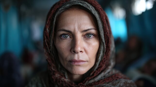 An intense portrait of a woman in a refugee center showcases resilience, strength, and a profound story etched in her eyes, capturing the human spirit amid hardship.