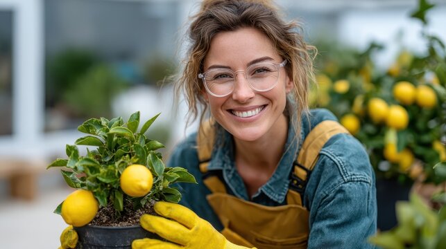 A joyful woman in gardening attire shows off a potted lemon plant, encapsulating the essence of growth, nurturing, and the satisfaction of gardening in a vibrant and lively greenhouse.