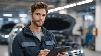 Professional mechanic conducts automotive inspection in garage close-up technical assessment
