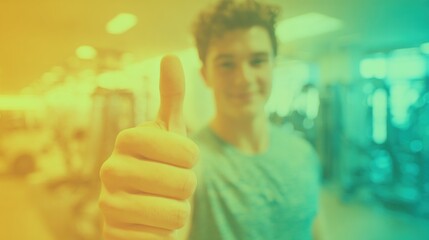 Young man giving thumbs up in gym to signify workout success