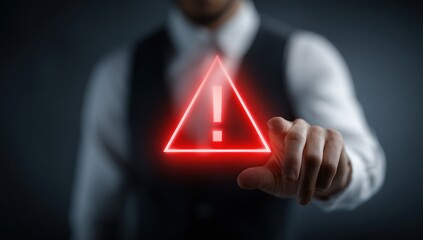 Businessman points at glowing red warning sign on dark background.