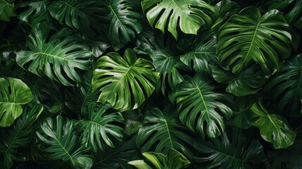 Fototapeta premium Lush green tropical monstera leaves background. (3)