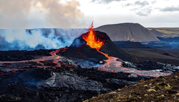 Dramatic volcanic eruption with flowing lava and smoke in a rugged landscape. - Powered by Adobe