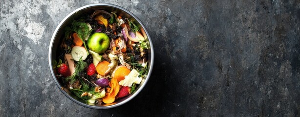 The Bowl of Colorful Fruit and Vegetable Scraps for Composting on Dark Surface
