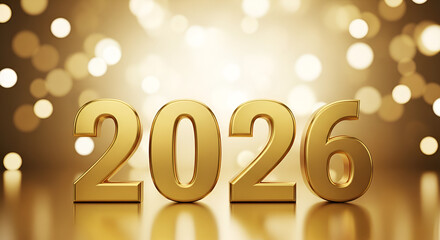 golden 2026 new year celebration background with glowing metallic numbers and festive bokeh lights for luxury web design, holiday print, or event branding