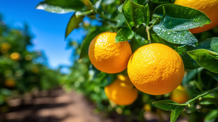 Oranges grow ripe on trees in a sunny orchard with clear blue sky. Vibrant green leaves surround bright fruit illuminating agricultural abundance. Concept of farming, fresh produce, healthy eating