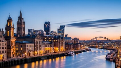 Dusk cityscape with historic buildings modern towers boats river reflections and arched bridges
