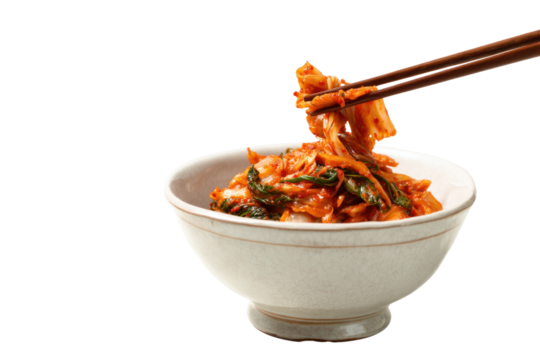 Chopsticks picking spicy fermented cabbage kimchi from white bowl black background food asian, Isolated On Transparent Background, Png Cut Out