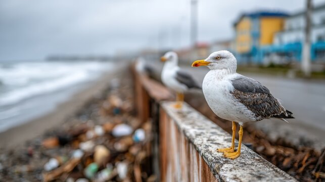 A seagull stands on a railing, gazing at a polluted beach, drawing attention to environmental issues and the impacts of waste on natural habitats. - Powered by Adobe