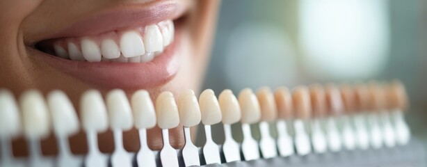 The tooth shade guide with smiling patient for dental color matching and cosmetic dentistry