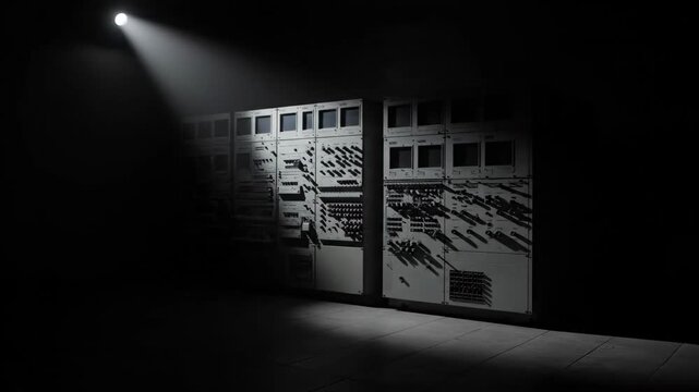 Spotlight on data servers in dark room, old computer equipment