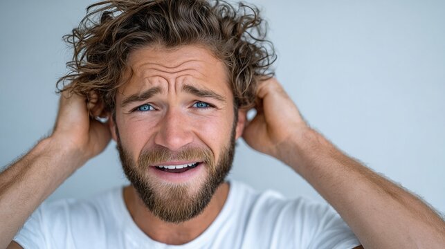 The image portrays a distressed young man with curly hair, clutching his head in frustration while expressing relatable emotional turmoil in a casual setting.