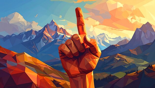 Geometric hand pointing up against mountain range under bright sky artwork