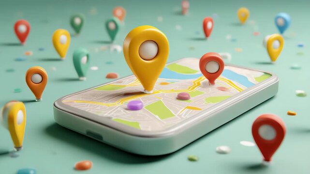 Smartphone with map, 3D Map pins, GPS, navigator pin checking points, 3D World Map icon, technology and application mobile smart phone with mobile, delivery tracking, transportation, generate by AI