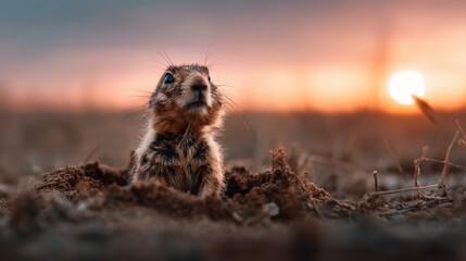 A charming rabbit peeks out from its burrow against the backdrop of a stunning sunset, capturing a moment of curiosity and tranquility in nature's embrace.