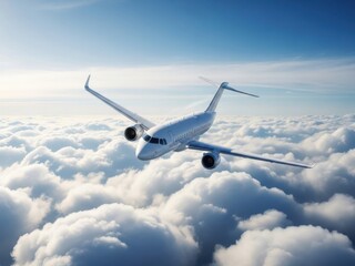 Obraz premium Private jet flying high above the clouds on a bright sunny day