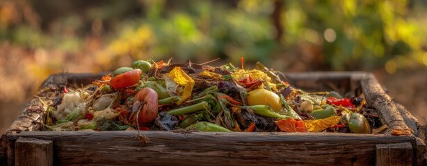 The compost pile of colorful vegetable scraps in a rustic wooden bin