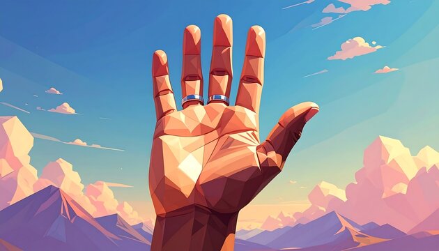 Geometric hand illustration with rings against a mountain and sky backdrop