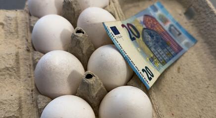 Eggs with bills inside, representing the concept of egg prices and rising food costs.