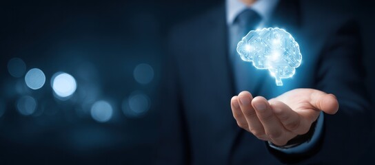 Businessman holds glowing digital brain over dark background.