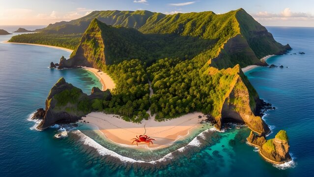 Aerial view of tropical island with lush mountains turquoise waters rocky cliffs and giant red crab - Powered by Adobe