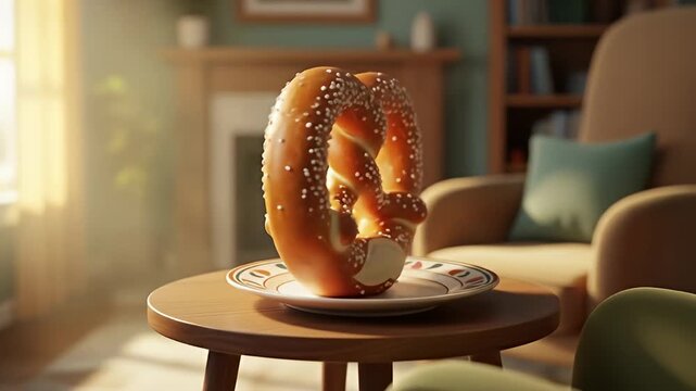 A delicious pretzel rotates on a plate in a cozy living room, bathed in warm sunlight.