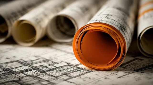Architectural Blueprints with Orange Highlighted Rolled Plan in Focus on White Background Planning Document Roll Design Construction Industry Detailed Drafts