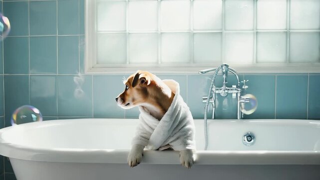 Charming Dog Relaxing After Bath Time, Wrapped in Towel, Bubbles Floating in Bright Bathroom