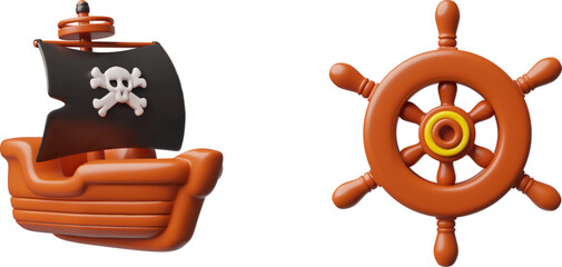 Pirate ship with skull with bones on the black sail and ship steering wheel 3D vector set, cartoon wood helm and vessel