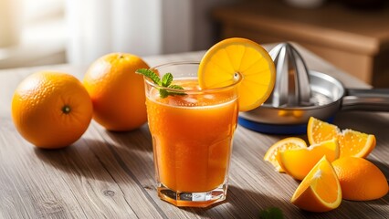 Glass of orange juice with mint and slice surrounded by fresh oranges wedges and manual juicer