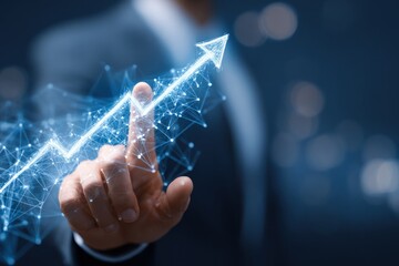 Hand touching glowing digital arrow showing upward growth trend