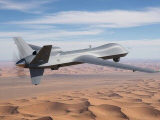 Unmanned aerial vehicle flying over the desert on a sunny day