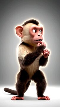 Realistic 3D CGI animation of a cute Capuchin monkey standing up with hands clasped, looking apprehensive on a white background, ideal for mobile apps and short videos. Vertical. Video. Portrait Video