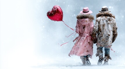 A lovely couple strolls hand in hand through a snowy wonderland, carrying heart-shaped balloons, representing love, togetherness, and the beauty of winter romance.