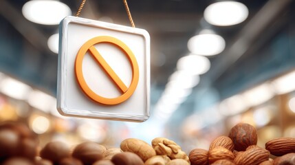 Nut allergy warning sign hanging in grocery store