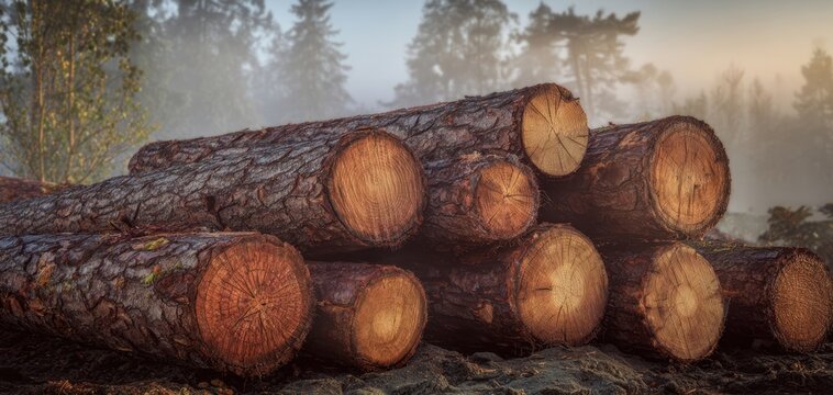 The logs stacked on a misty forest floor showing textured bark and rings