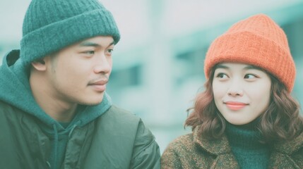 Young couple enjoying a winter day outdoors while bundled up in cozy hats
