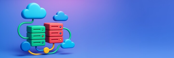 Colorful cloud computing server illustration on blue gradient background with empty copyspace for technology banner or advertising concept. Ai generative