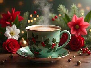 Large cup of hot cocoa in elegant green mug, the mug has a red holly leaf pattern and is surrounded by flowers and Christmas Ornaments
