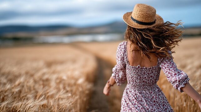 A back-view of a woman in a straw hat running joyfully through a golden wheat field under a wide sky, embodying freedom, nature's beauty, and the harmony of rural life.
