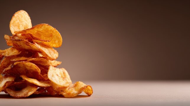 A mouthwatering stack of potato chips displayed against a simple backdrop, highlighting the irresistible crunch and savory appeal of this beloved snack food.