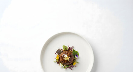 Gourmet plated meatball with gold leaf and microgreens on white background.