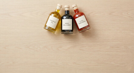 Gourmet oil and balsamic vinegar bottles on light wood copy space.