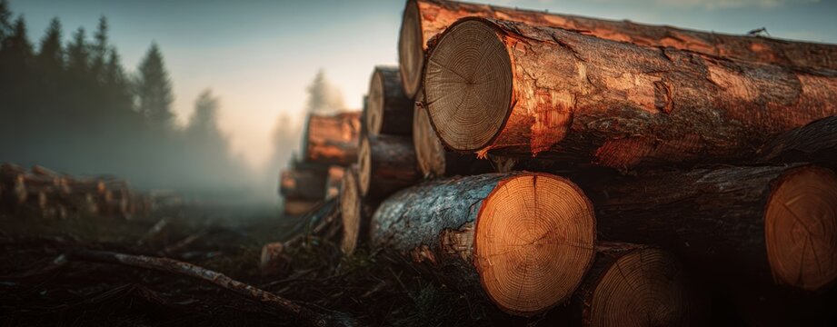 The Logs Lying in a Misty Forest Clearing at Sunrise with Rustic Texture and Depth